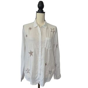 Rails Top Charli Button Front Gauze White Metallic Embroidered Stars Womens Sz S